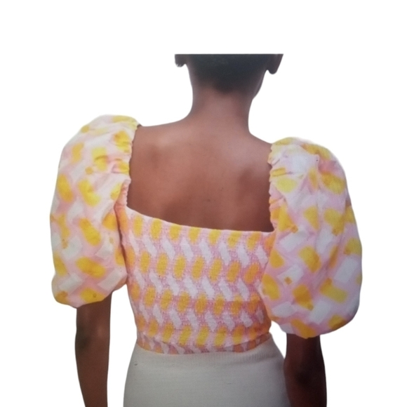 Zara Women's Floral Geometric Poplin Bodysuit with Puff Sleeves Sz Small - Picture 3 of 7